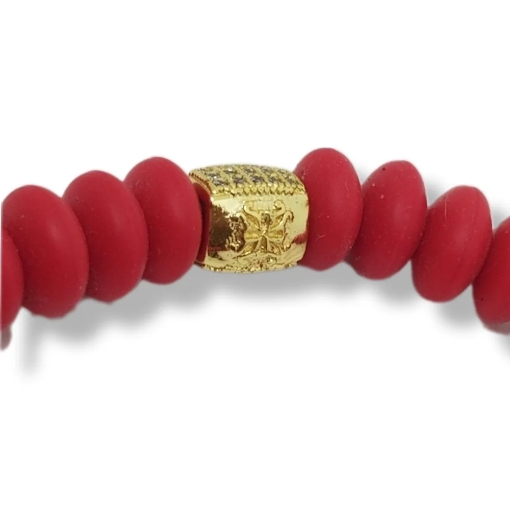 RUSTIC CUFF CHERRY RED SILICONE BEAD & CHARM STRETCH BRACELET